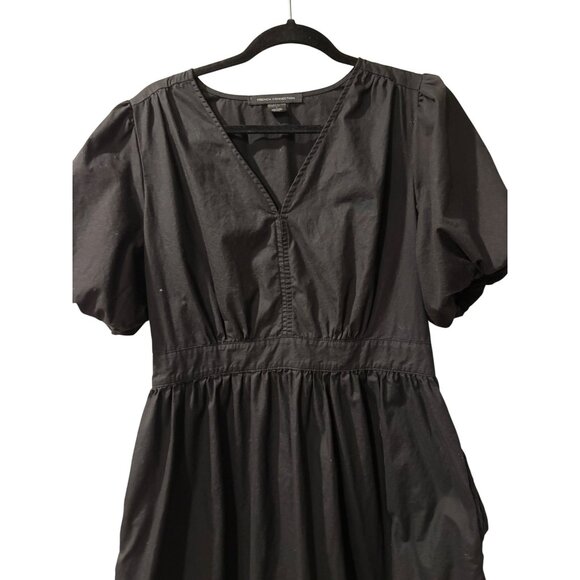 French Connection Black Puff Sleeve Midi Dress With V-Neckline & Tiered Skirt Wo - Picture 5 of 14